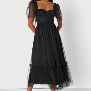Lulus Dreamy Celebration Black Tulle Bustier Swiss Dot Midi Dress - Size M